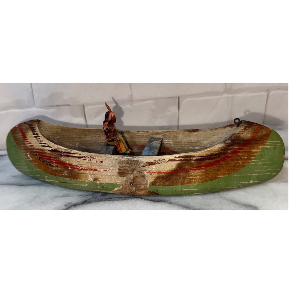 Vintage Venezuela Hand Carved Wood Canoe Souvenir Folk Art Figure Green Red